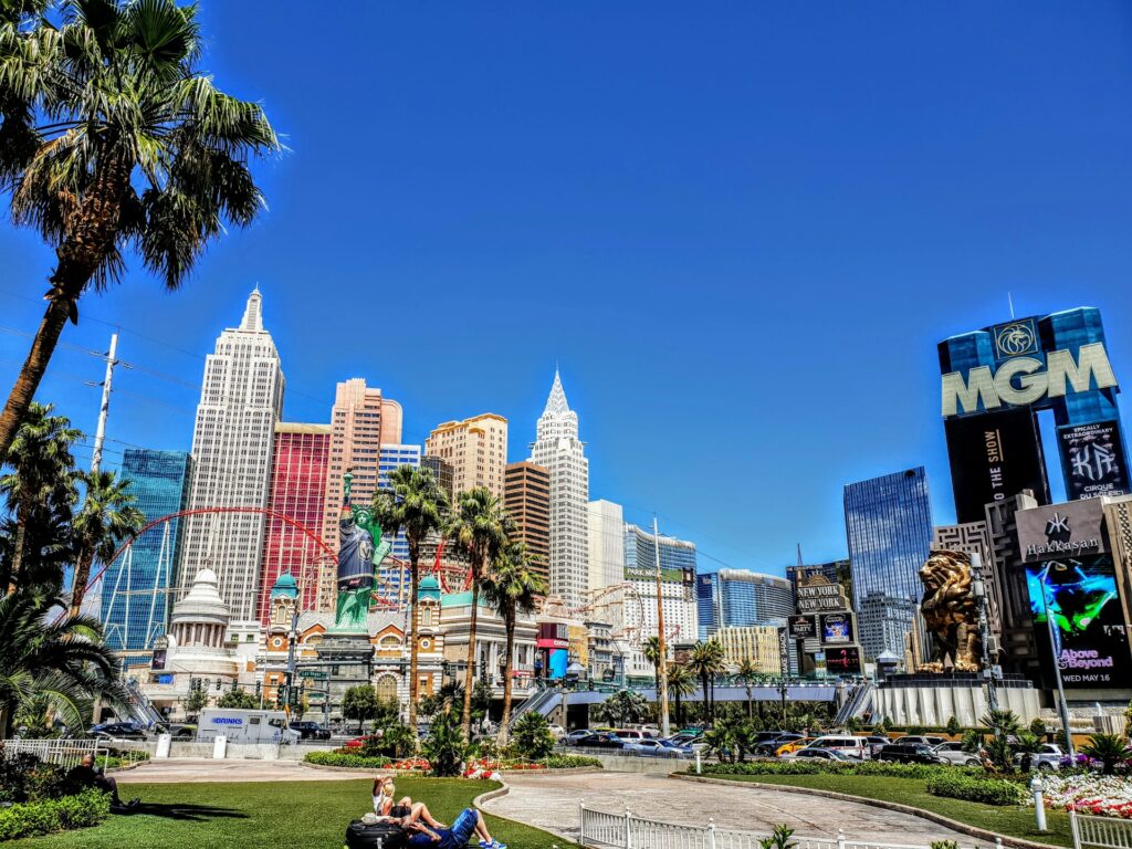 Las Vegas skyline with MGM Grand, Statue of Liberty replica, and New York-New York Hotel on a sunny day